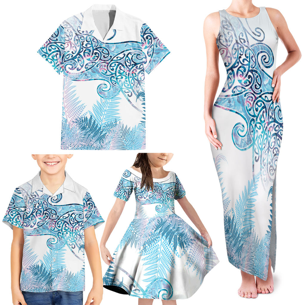 Aotearoa Maori Koru Curves Family Matching Tank Maxi Dress and Hawaiian Shirt Aqua Paua Shell