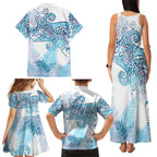 Aotearoa Maori Koru Curves Family Matching Tank Maxi Dress and Hawaiian Shirt Aqua Paua Shell
