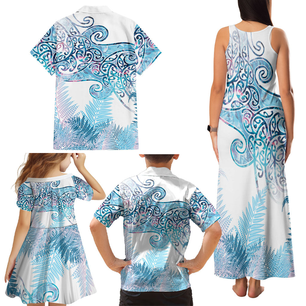 Aotearoa Maori Koru Curves Family Matching Tank Maxi Dress and Hawaiian Shirt Aqua Paua Shell
