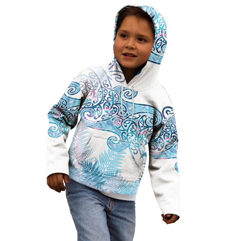 Aotearoa Maori Koru Curves Kid Hoodie Aqua Paua Shell