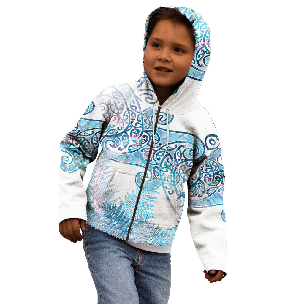 Aotearoa Maori Koru Curves Kid Hoodie Aqua Paua Shell