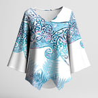 Aotearoa Maori Koru Curves Kimono Sleeve Blouse Aqua Paua Shell