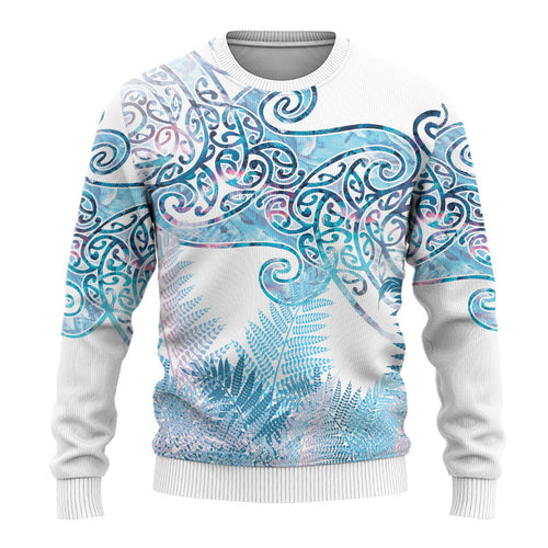 Aotearoa Maori Koru Curves Ugly Christmas Sweater Aqua Paua Shell
