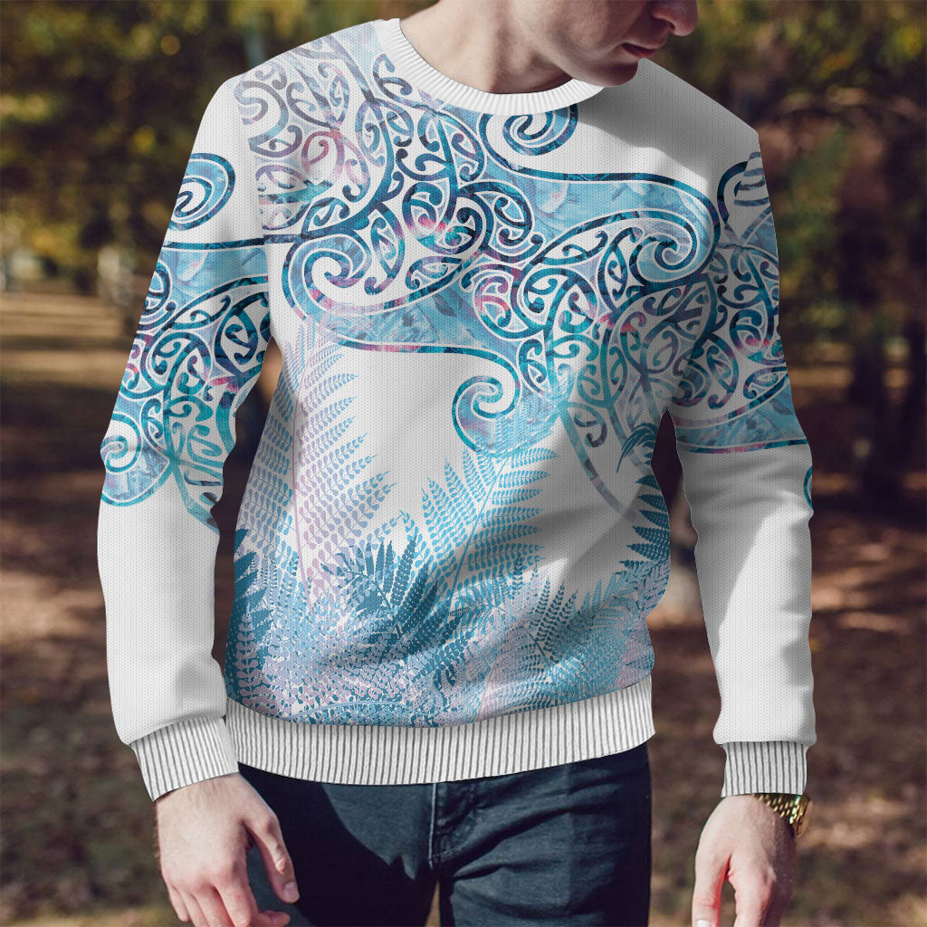 Aotearoa Maori Koru Curves Ugly Christmas Sweater Aqua Paua Shell