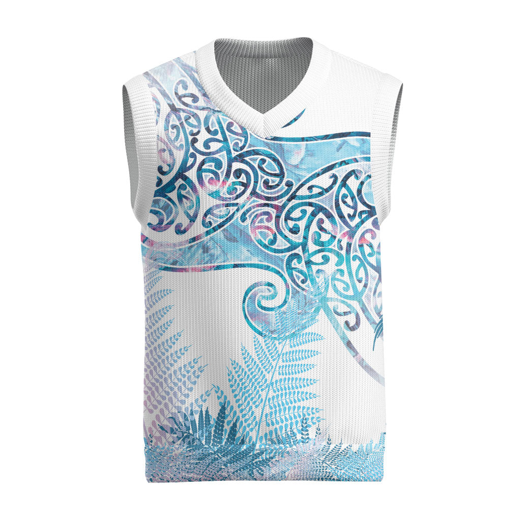 Aotearoa Maori Koru Curves Christmas Knitted V-Neck Vest Aqua Paua Shell