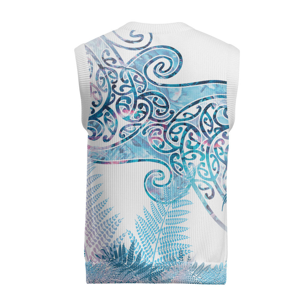 Aotearoa Maori Koru Curves Christmas Knitted V-Neck Vest Aqua Paua Shell