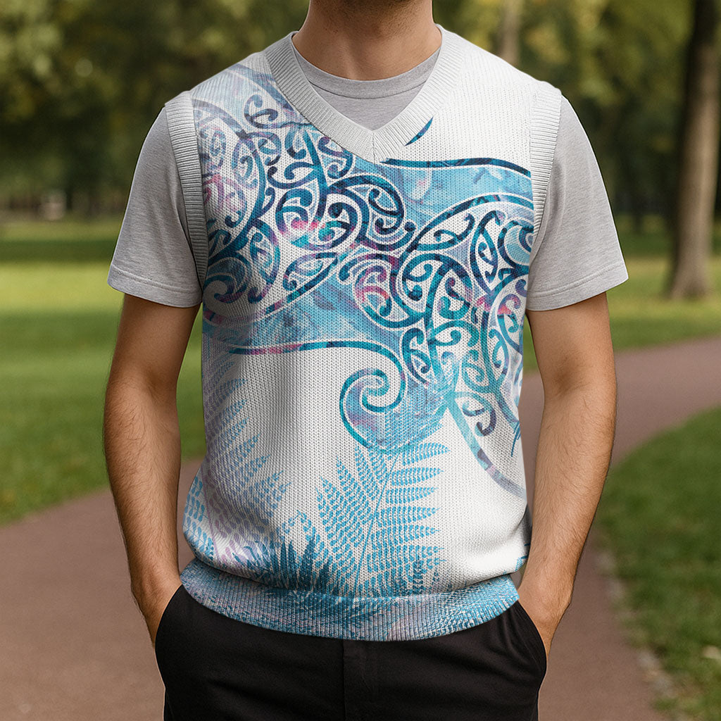 Aotearoa Maori Koru Curves Christmas Knitted V-Neck Vest Aqua Paua Shell