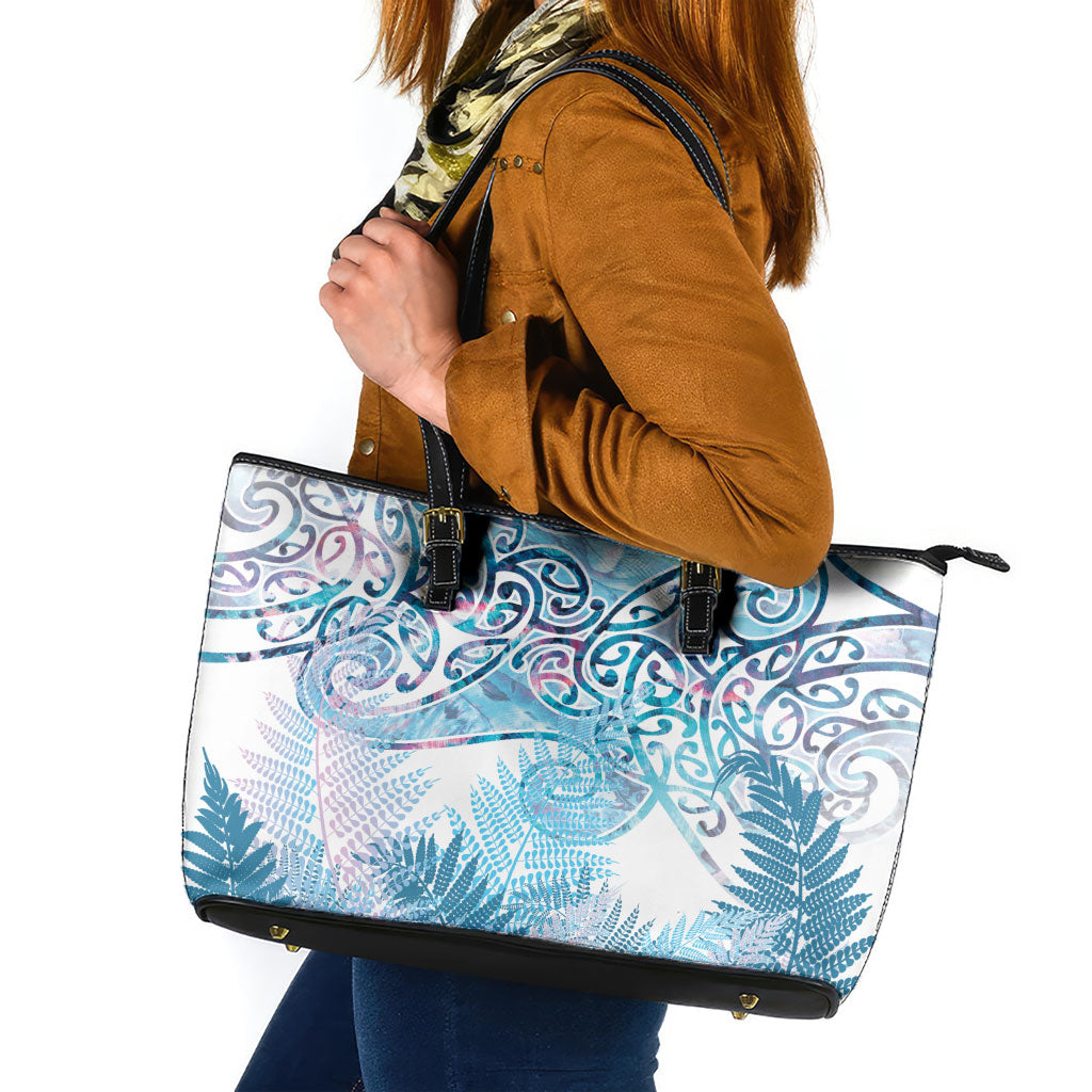 Aotearoa Maori Koru Curves Leather Tote Bag Aqua Paua Shell