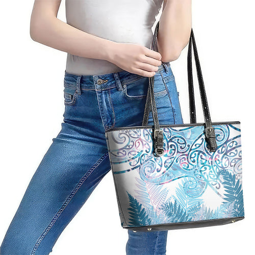 Aotearoa Maori Koru Curves Leather Tote Bag Aqua Paua Shell
