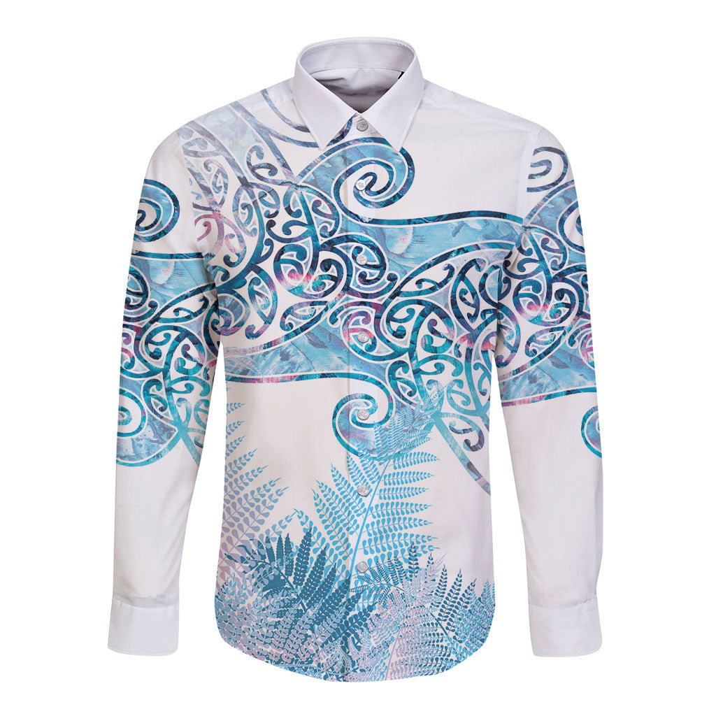 Aotearoa Maori Koru Curves Long Sleeve Button Shirt Aqua Paua Shell