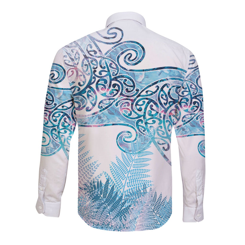 Aotearoa Maori Koru Curves Long Sleeve Button Shirt Aqua Paua Shell