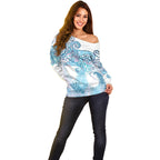 Aotearoa Maori Koru Curves Off Shoulder Sweater Aqua Paua Shell