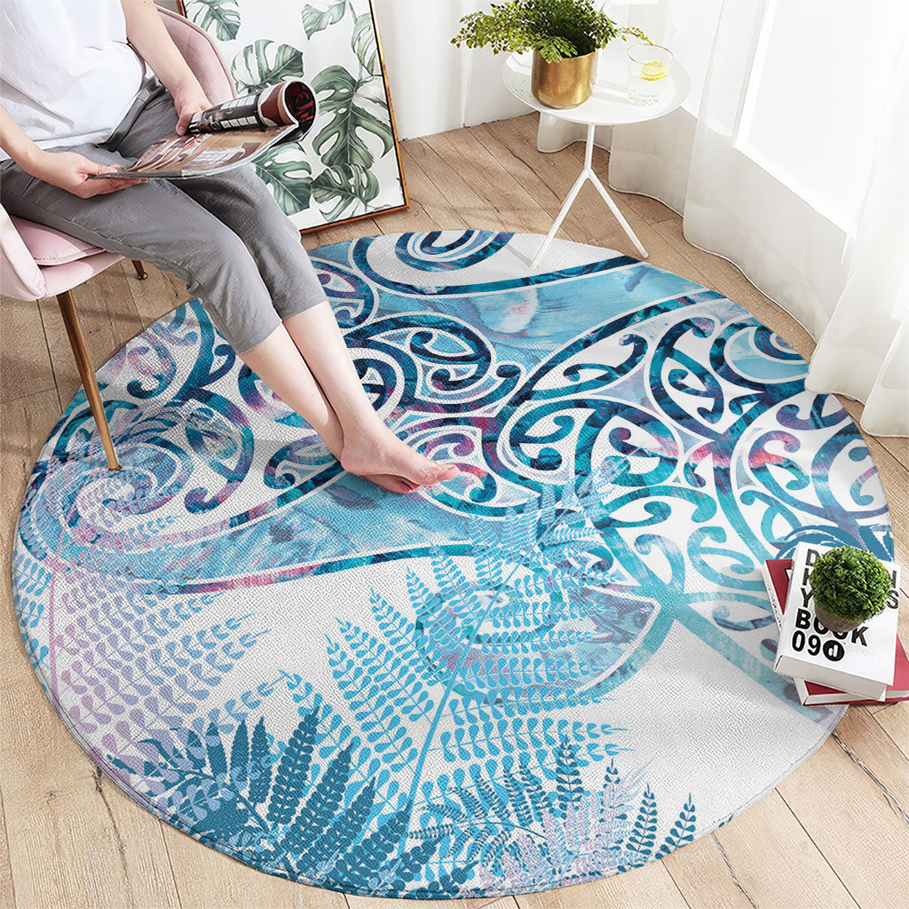 Aotearoa Maori Koru Curves Round Carpet Aqua Paua Shell