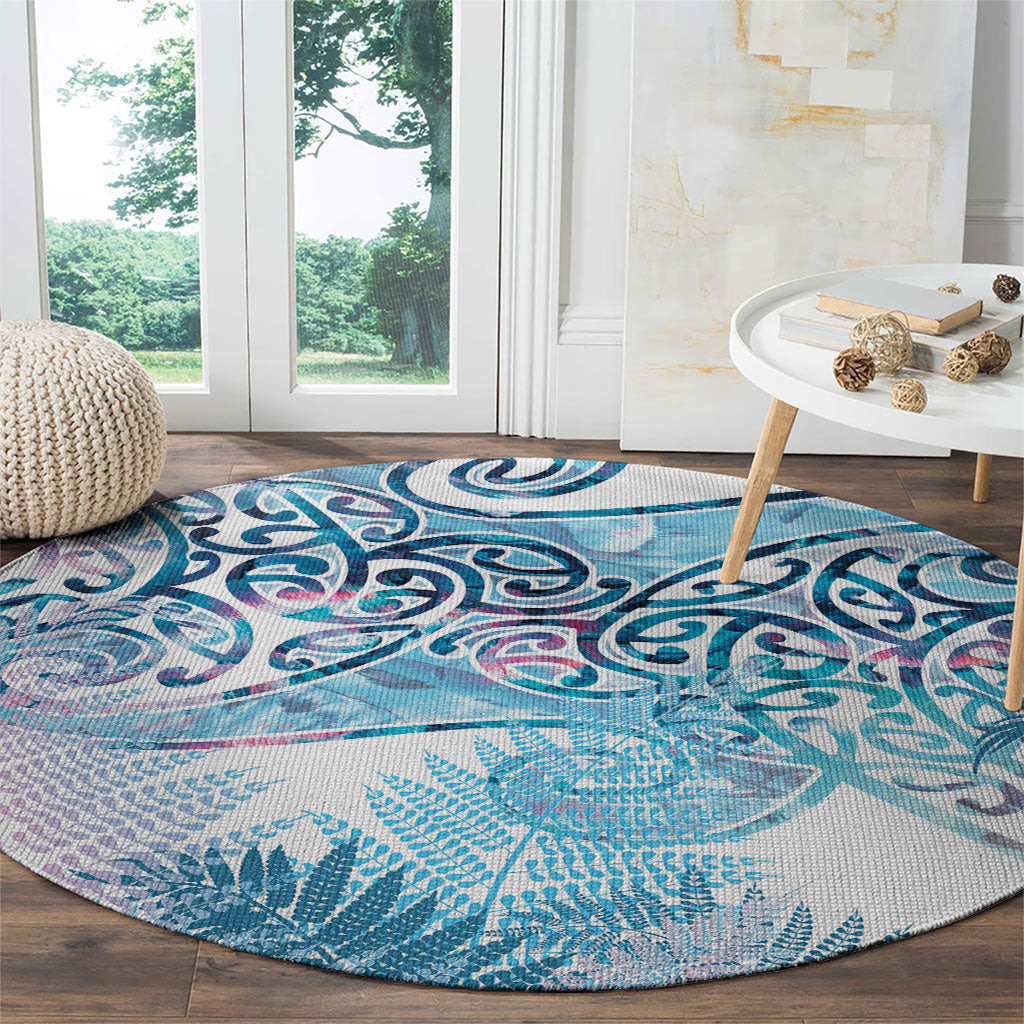 Aotearoa Maori Koru Curves Round Carpet Aqua Paua Shell
