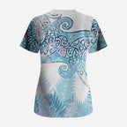 Aotearoa Maori Koru Curves Scrub Top Aqua Paua Shell