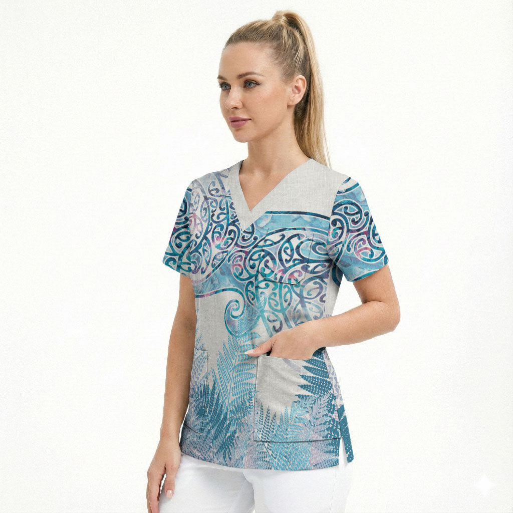 Aotearoa Maori Koru Curves Scrub Top Aqua Paua Shell