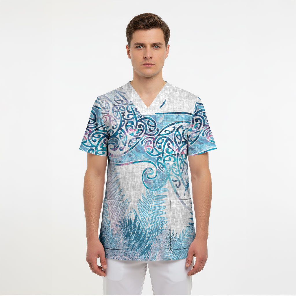 Aotearoa Maori Koru Curves Scrub Top Aqua Paua Shell