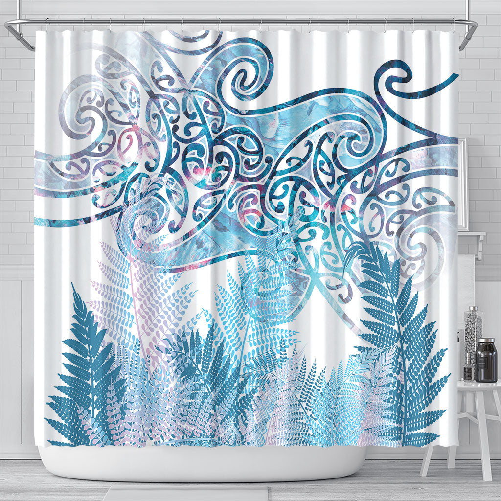Aotearoa Maori Koru Curves Shower Curtain Aqua Paua Shell