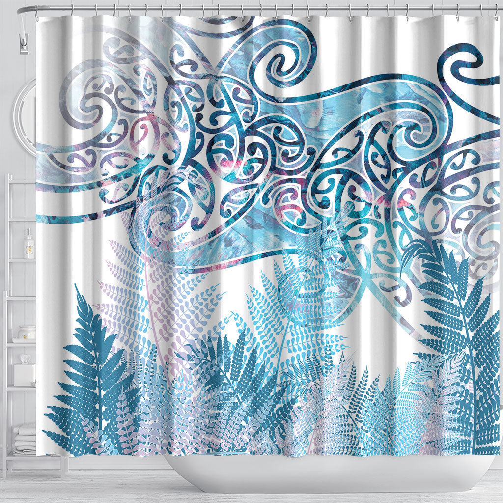 Aotearoa Maori Koru Curves Shower Curtain Aqua Paua Shell