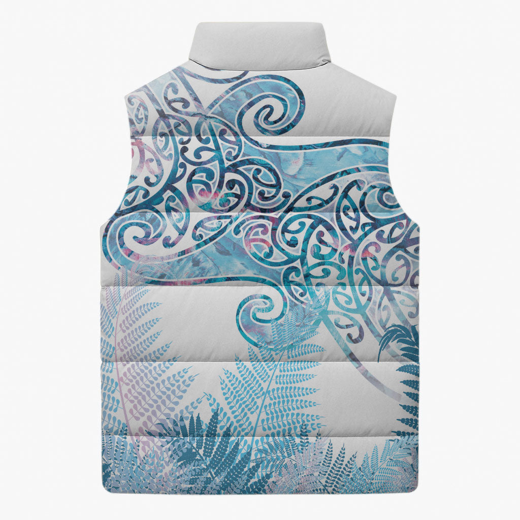 Aotearoa Maori Koru Curves Sleeveless Puffer Jacket Aqua Paua Shell