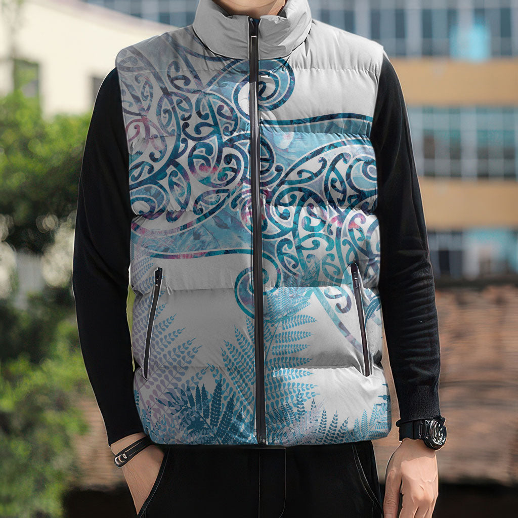 Aotearoa Maori Koru Curves Sleeveless Puffer Jacket Aqua Paua Shell