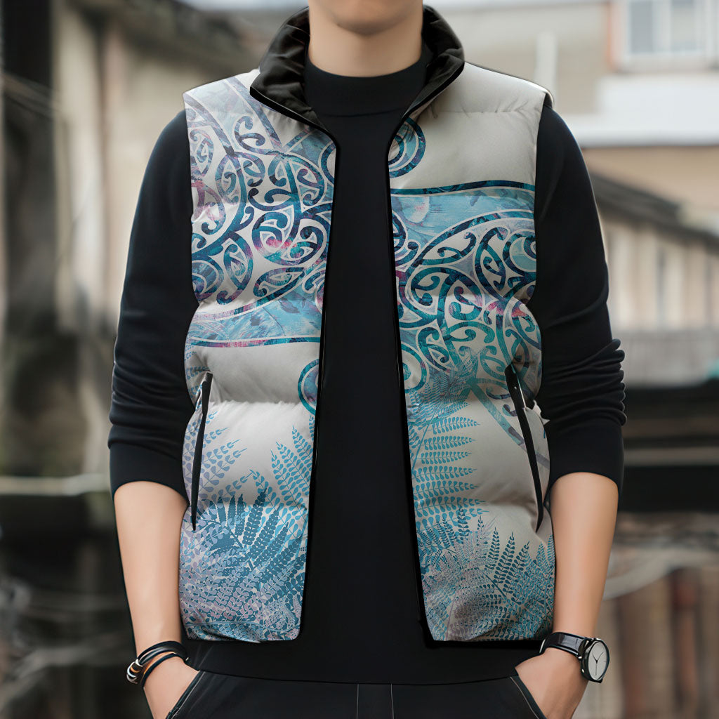 Aotearoa Maori Koru Curves Sleeveless Puffer Jacket Aqua Paua Shell