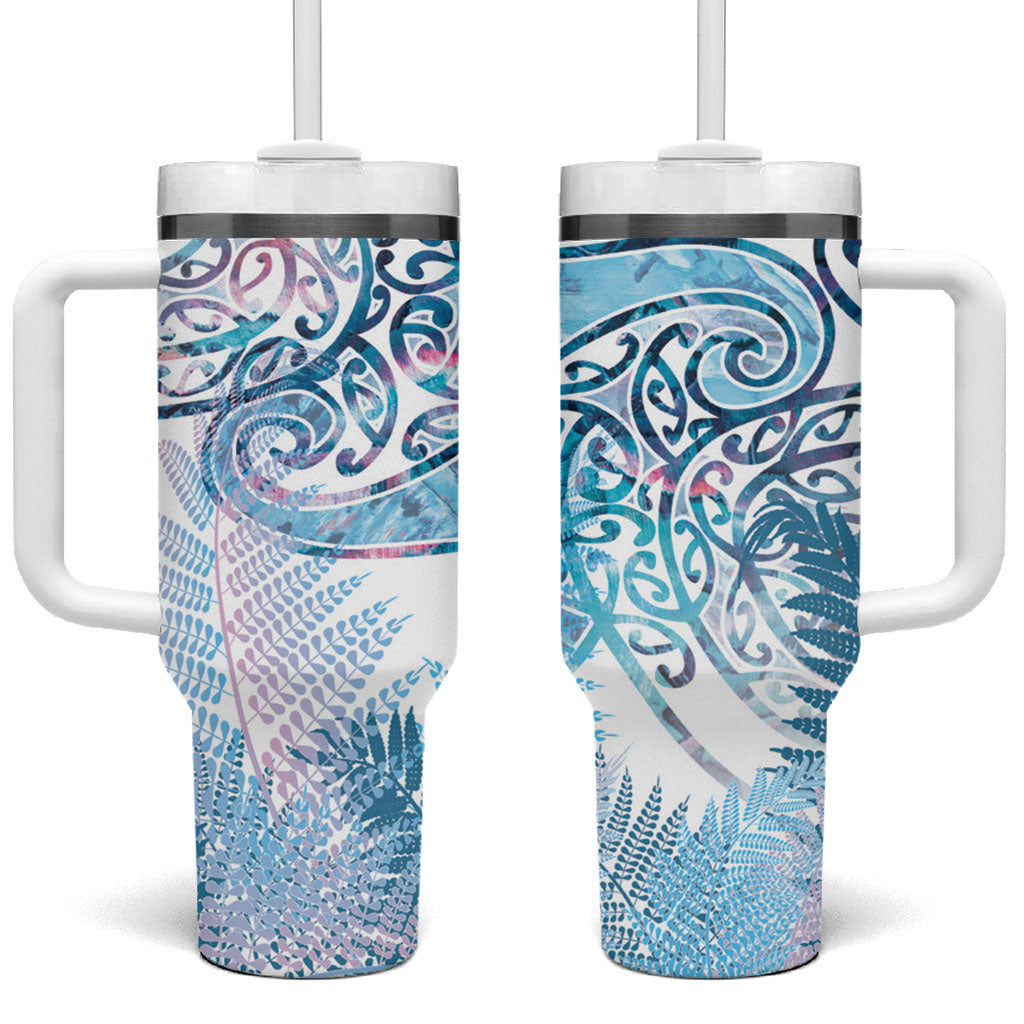 Aotearoa Maori Koru Curves Tumbler With Handle Aqua Paua Shell