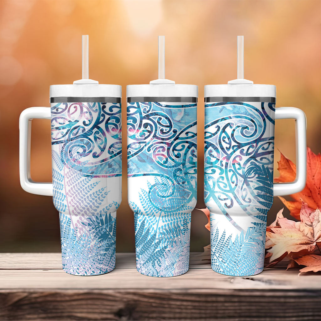 Aotearoa Maori Koru Curves Tumbler With Handle Aqua Paua Shell