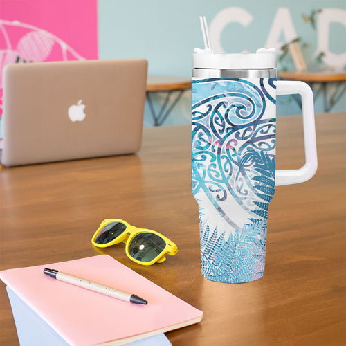 Aotearoa Maori Koru Curves Tumbler With Handle Aqua Paua Shell