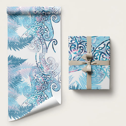 Aotearoa Maori Koru Curves Wrapping Paper Aqua Paua Shell