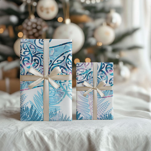 Aotearoa Maori Koru Curves Wrapping Paper Aqua Paua Shell