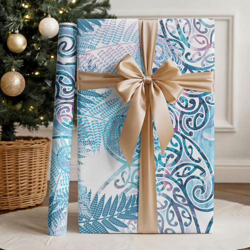 Aotearoa Maori Koru Curves Wrapping Paper Aqua Paua Shell