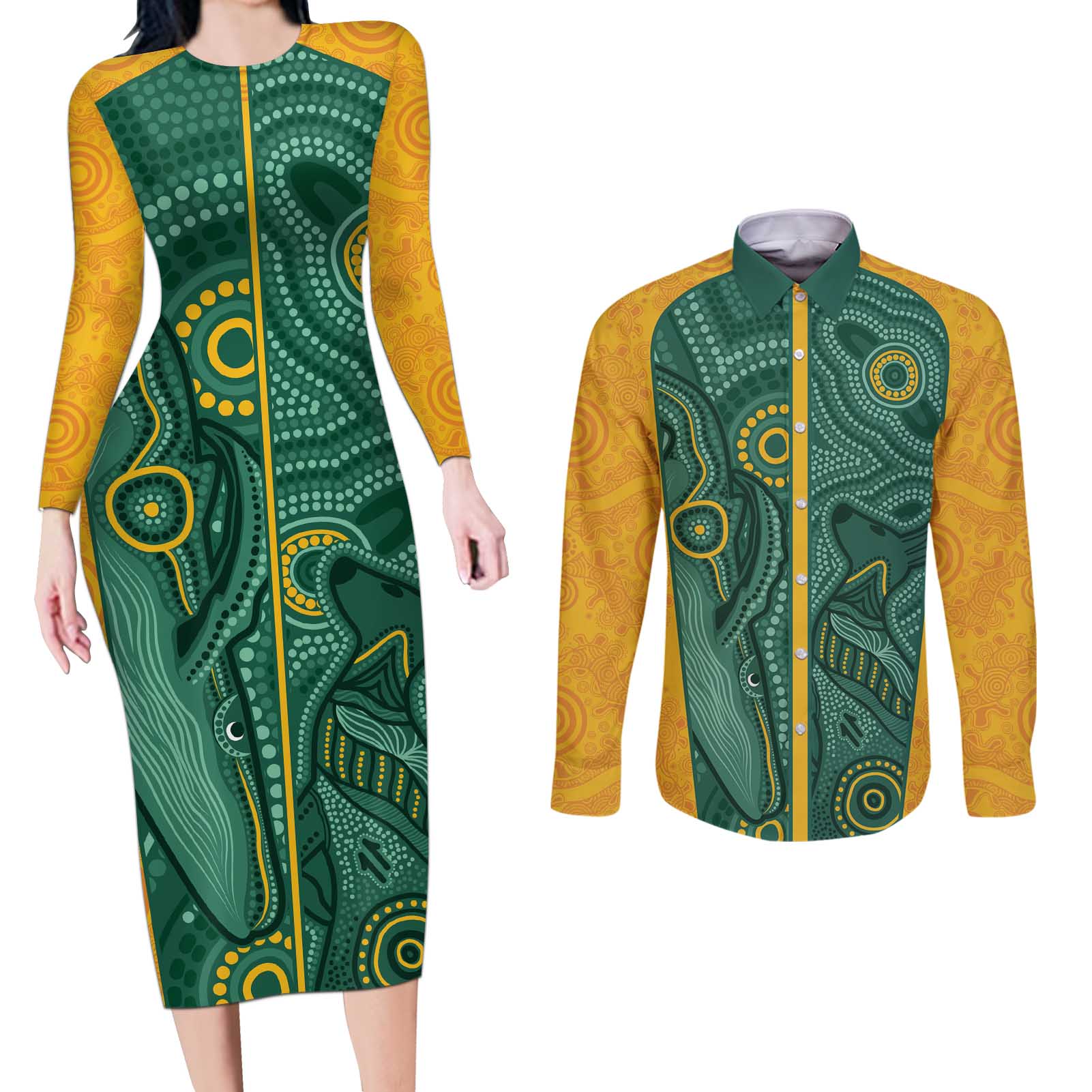 Australia 2024 Custom Couples Matching Long Sleeve Bodycon Dress and Long Sleeve Button Shirt Aboriginal GO Team Aussie