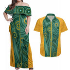 Australia 2024 Custom Couples Matching Off Shoulder Maxi Dress and Hawaiian Shirt Aboriginal GO Team Aussie