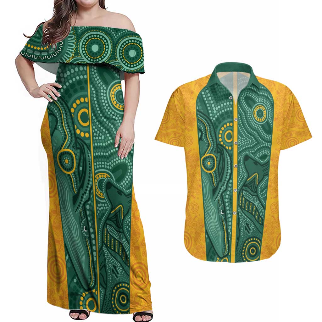 Australia 2024 Custom Couples Matching Off Shoulder Maxi Dress and Hawaiian Shirt Aboriginal GO Team Aussie