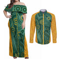 Australia 2024 Custom Couples Matching Off Shoulder Maxi Dress and Long Sleeve Button Shirt Aboriginal GO Team Aussie