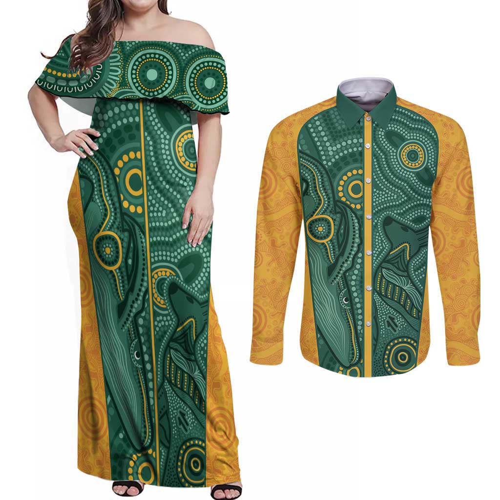 Australia 2024 Custom Couples Matching Off Shoulder Maxi Dress and Long Sleeve Button Shirt Aboriginal GO Team Aussie