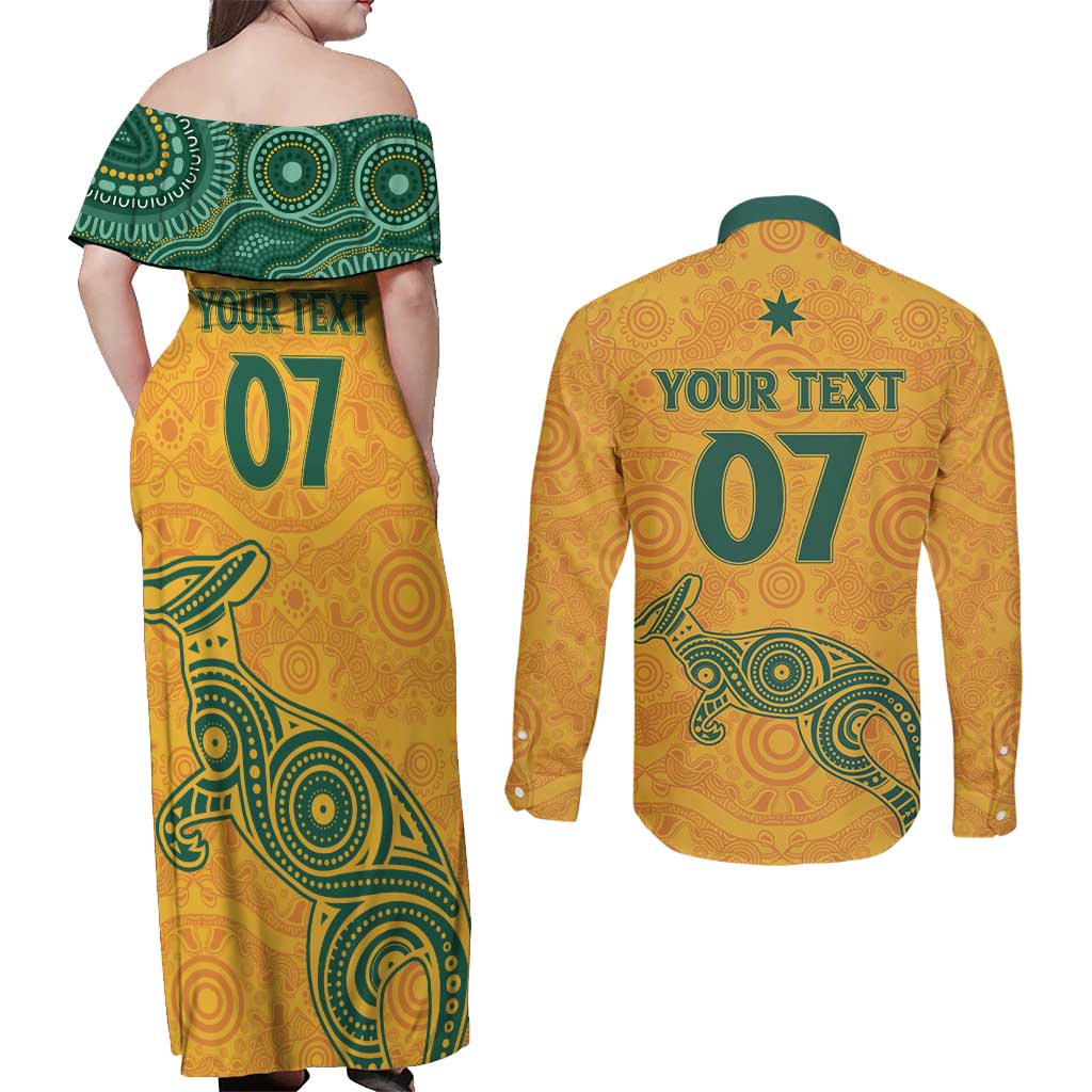 Australia 2024 Custom Couples Matching Off Shoulder Maxi Dress and Long Sleeve Button Shirt Aboriginal GO Team Aussie