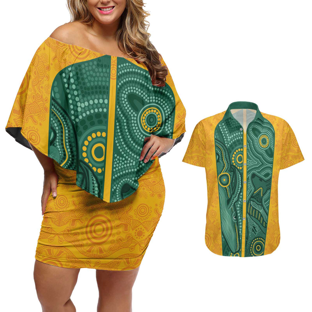 Australia 2024 Custom Couples Matching Off Shoulder Short Dress and Hawaiian Shirt Aboriginal GO Team Aussie