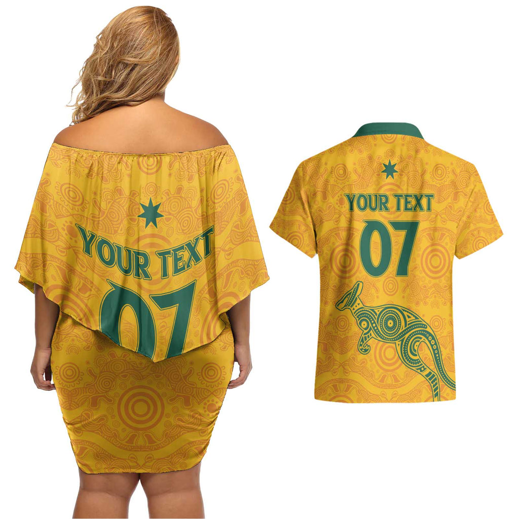 Australia 2024 Custom Couples Matching Off Shoulder Short Dress and Hawaiian Shirt Aboriginal GO Team Aussie