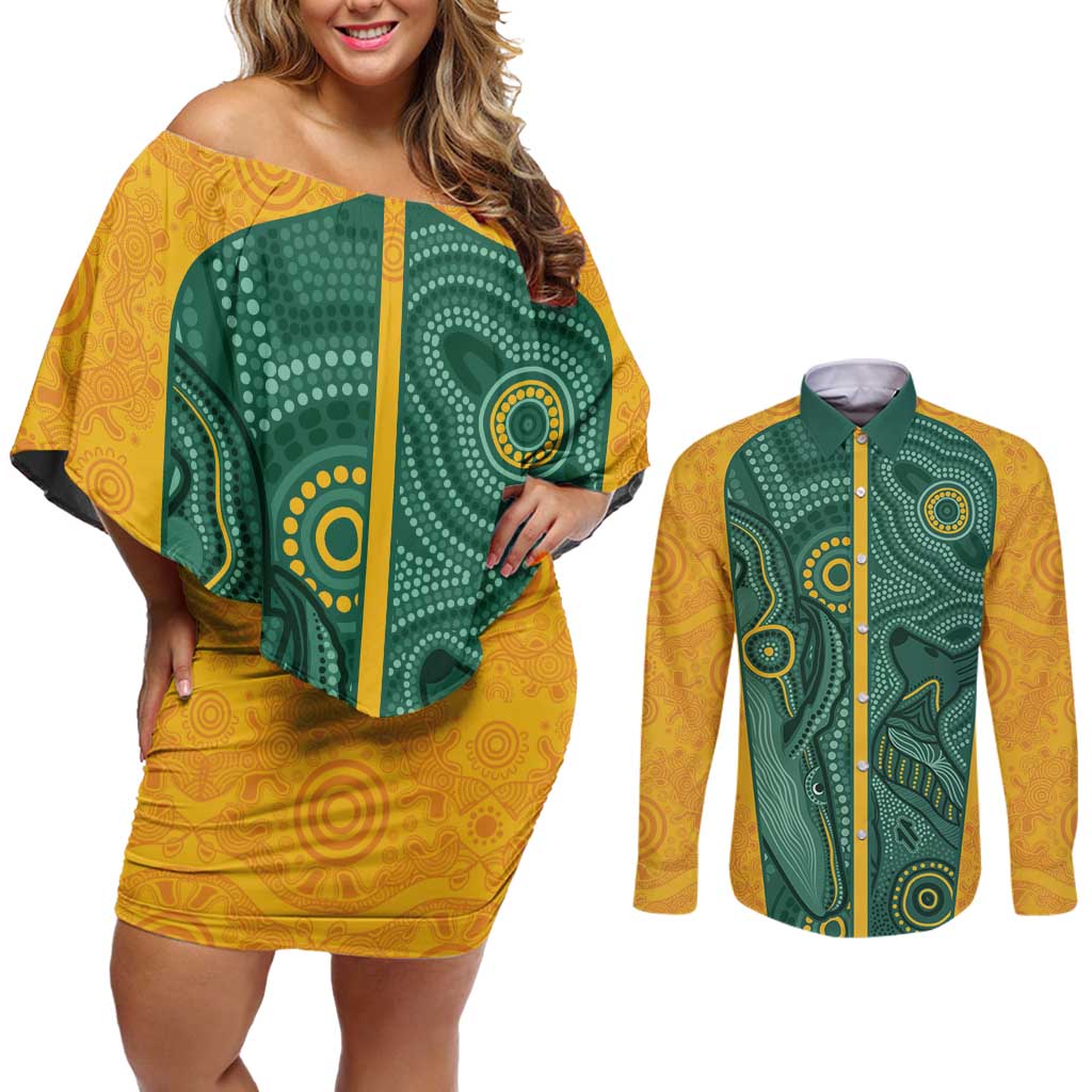 Australia 2024 Custom Couples Matching Off Shoulder Short Dress and Long Sleeve Button Shirt Aboriginal GO Team Aussie