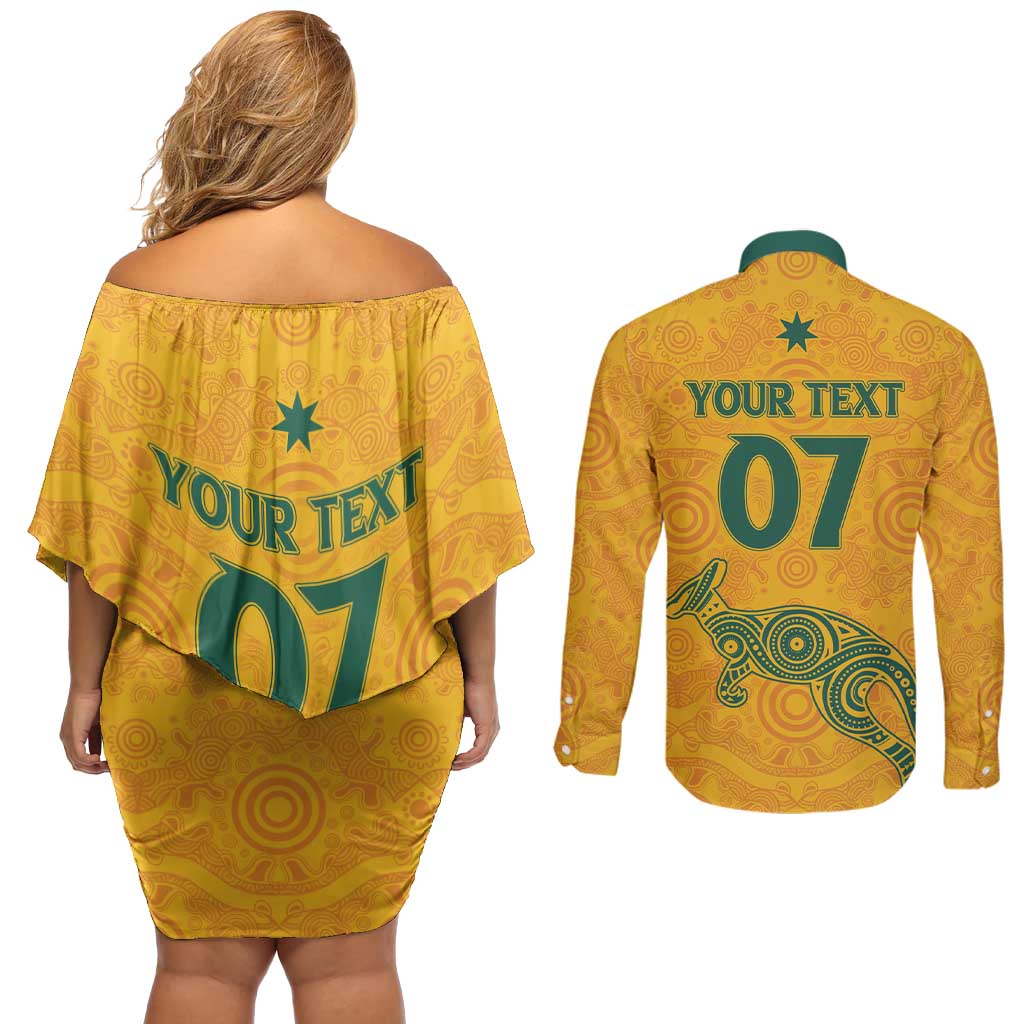 Australia 2024 Custom Couples Matching Off Shoulder Short Dress and Long Sleeve Button Shirt Aboriginal GO Team Aussie