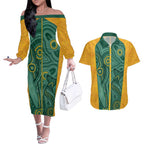 Australia 2024 Custom Couples Matching Off The Shoulder Long Sleeve Dress and Hawaiian Shirt Aboriginal GO Team Aussie