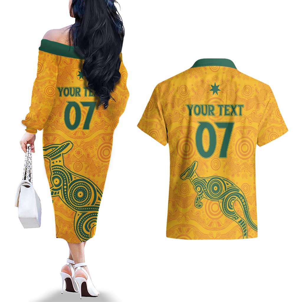 Australia 2024 Custom Couples Matching Off The Shoulder Long Sleeve Dress and Hawaiian Shirt Aboriginal GO Team Aussie