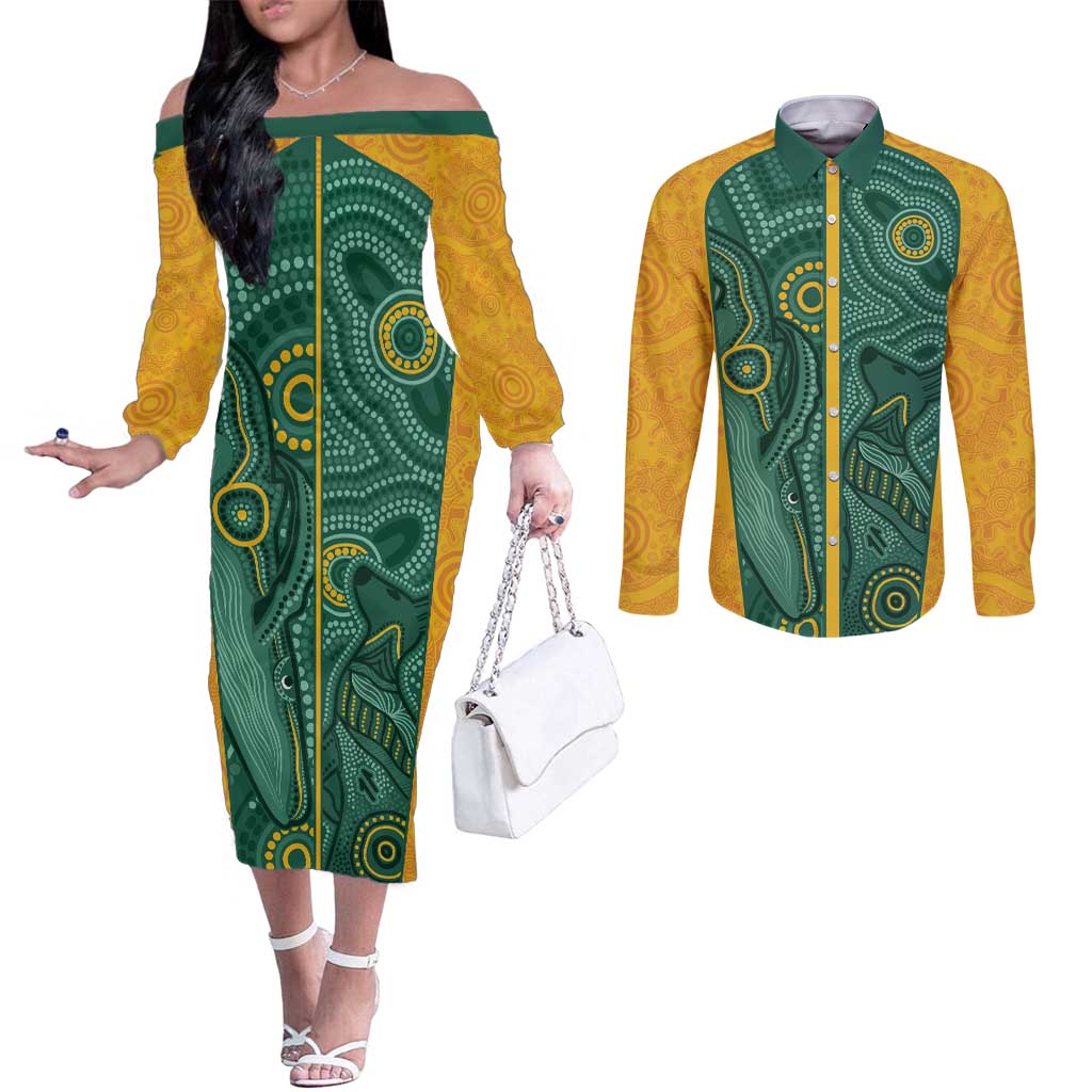 Australia 2024 Custom Couples Matching Off The Shoulder Long Sleeve Dress and Long Sleeve Button Shirt Aboriginal GO Team Aussie