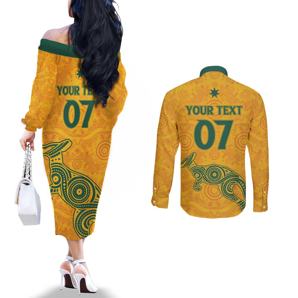 Australia 2024 Custom Couples Matching Off The Shoulder Long Sleeve Dress and Long Sleeve Button Shirt Aboriginal GO Team Aussie