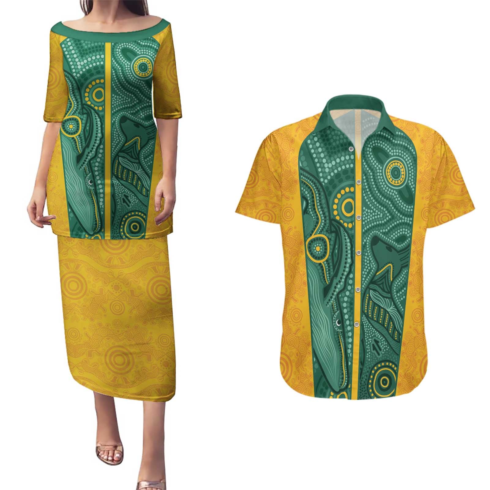 Australia 2024 Custom Couples Matching Puletasi and Hawaiian Shirt Aboriginal GO Team Aussie