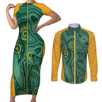 Australia 2024 Custom Couples Matching Short Sleeve Bodycon Dress and Long Sleeve Button Shirt Aboriginal GO Team Aussie