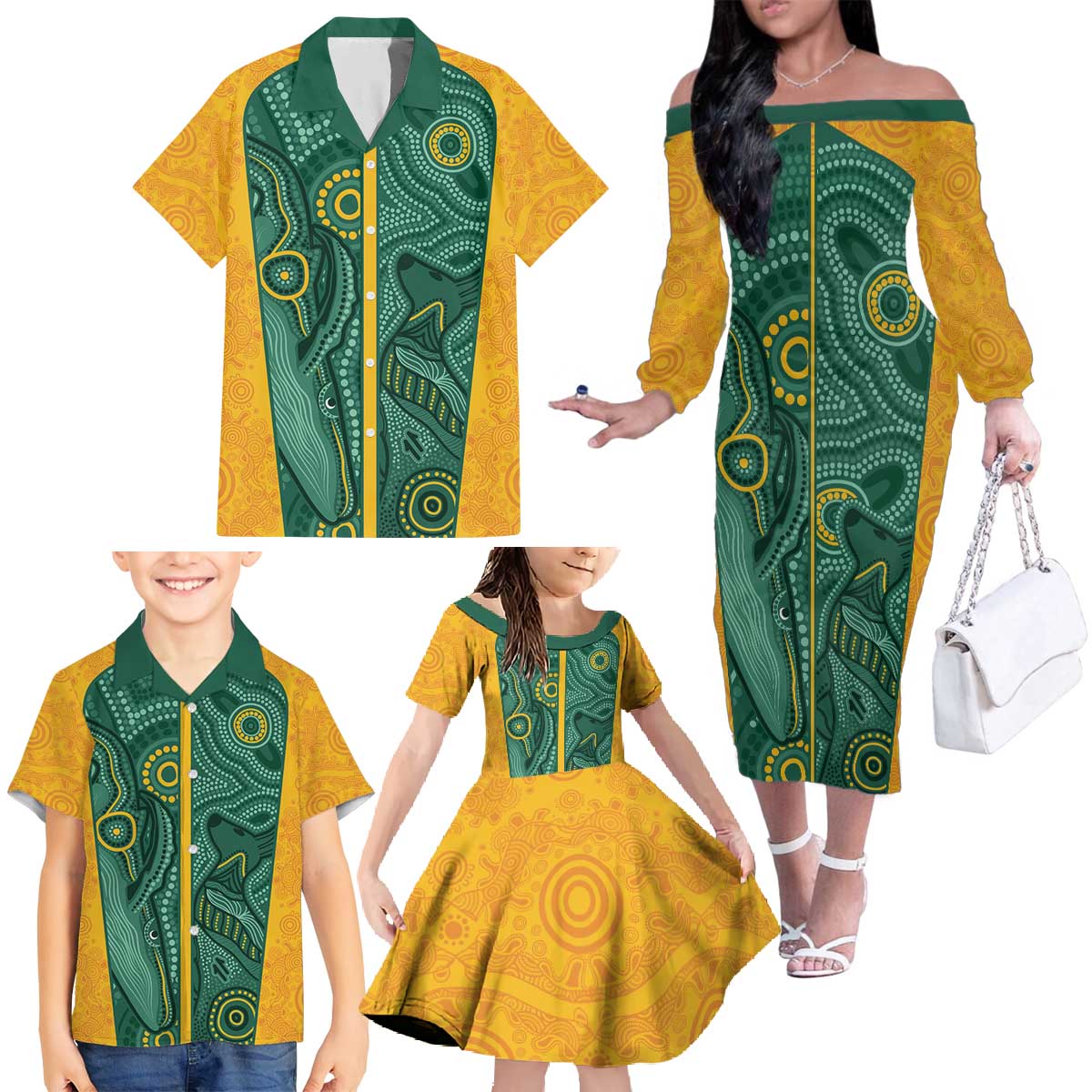 Australia 2024 Custom Family Matching Off The Shoulder Long Sleeve Dress and Hawaiian Shirt Aboriginal GO Team Aussie