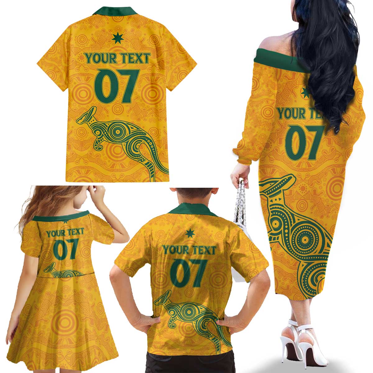 Australia 2024 Custom Family Matching Off The Shoulder Long Sleeve Dress and Hawaiian Shirt Aboriginal GO Team Aussie